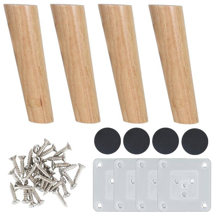 Lot de 4 pieds de meuble 20 cm - bois massif caoutchouc avec plaque de montage et patin antidérapant
