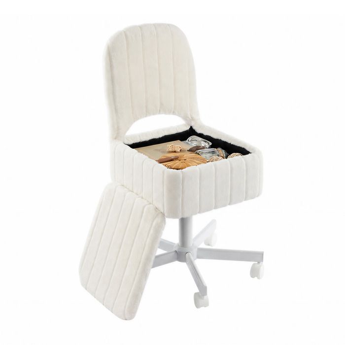 Koioplie Tabouret coiffeuse rembourré avec rangement hauteur réglable et pivotant 360° - Indentation rabbit fur - Blanc/Small