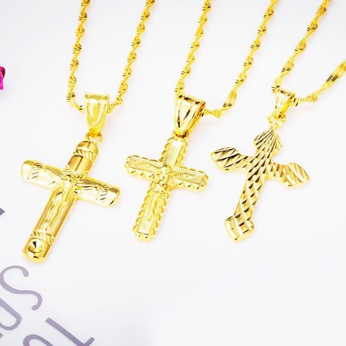 Collier Pendentif Croix Jésus Crucifix Or Jaune 14 Carats – Chaîne 24″ Pour Homme – Argent 925
