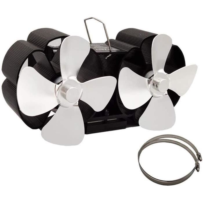 Ventilateur De Cheminée Double Tête 8 Lames - Autonome, Thermomètre Inclus - Noir