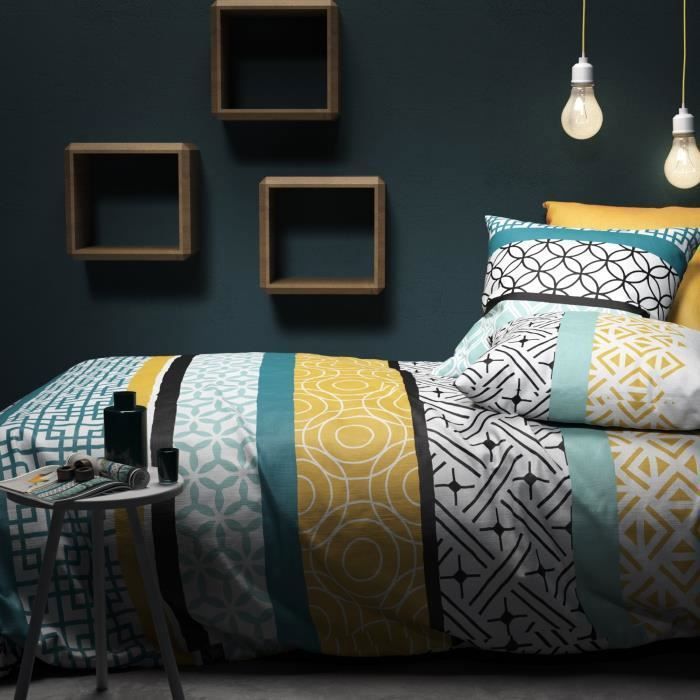 Parure De Lit 100% Coton 57 Fils - Housse De Couette 240x260 Cm + 2 Taies - Motif Géométrique Safran, Certifiée Oeko-Tex - 14
