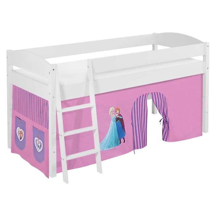 Lit surélevé ludique/évolutif IDA 4105 Frozen lilas - avec rideaux - LILOKIDS - blanc laqué