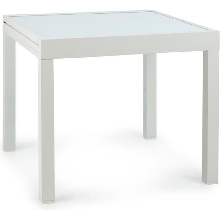 blumfeldt  pamplona extension table de jardin extensible :  90 x90 cm ou 180 x 83cm - plateau en verre teinté - aluminium - blanc