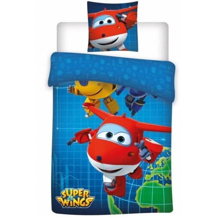 Parure housse de couette coton Super Wings Team 140x200 cm avec Taie d'oreiller