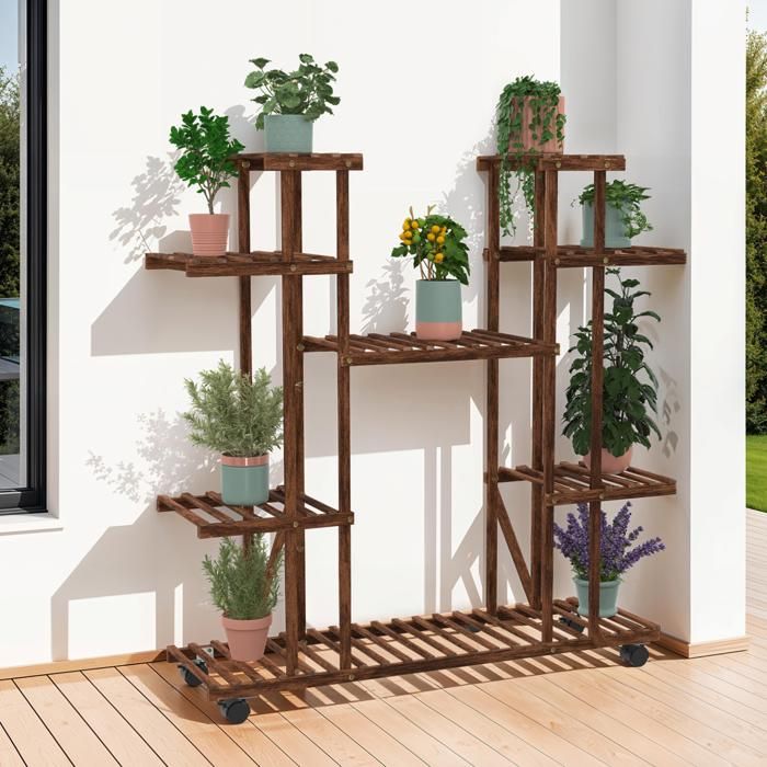IDMARKET Etagère à pots de fleurs porte plante en bois 8 niveaux à roulettes