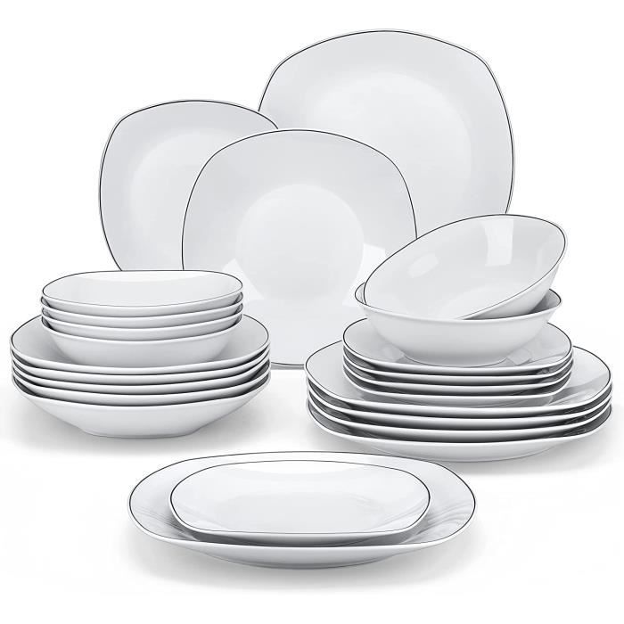 MALACASA Vaisselle ELISA-BT Service Complet de Table 24 Pièces pour 6 Personnes avec Bord Noir - Gris Blanc