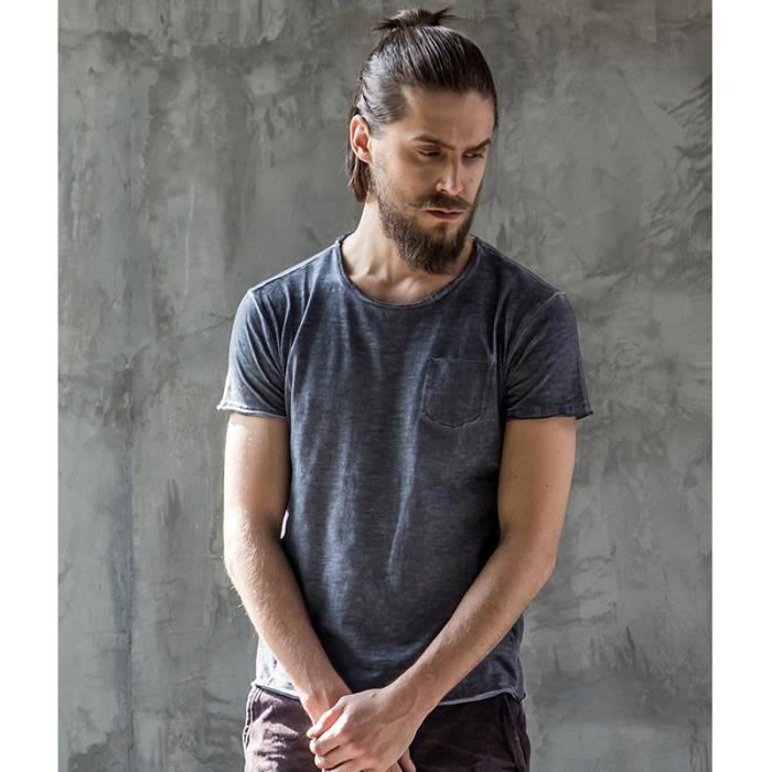 Retro Tee Shirt Homme Casual Style Simple Slim Fit Coton Couleur