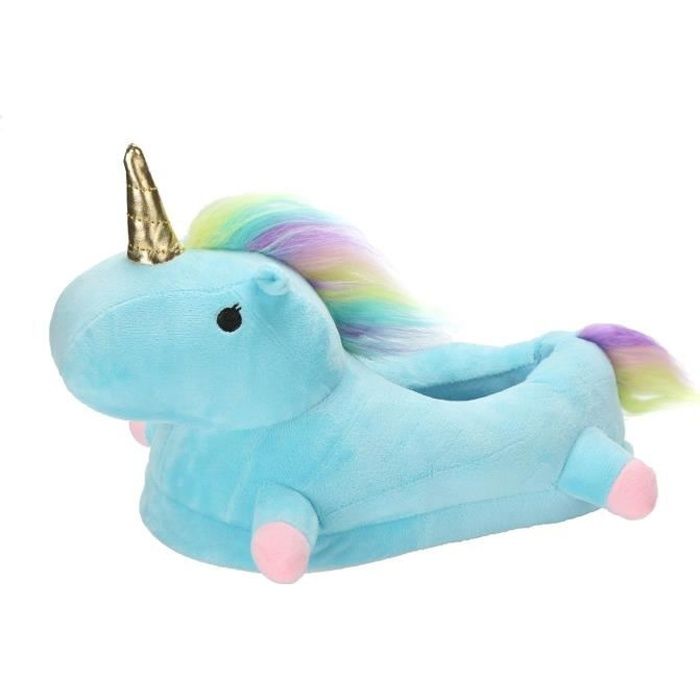 Chaussons Licorne Peluche Homme Femme Minetom Bleu Taille