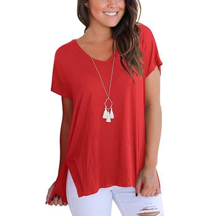 T shirt femme col v ample de Marque couleur unie Rouge