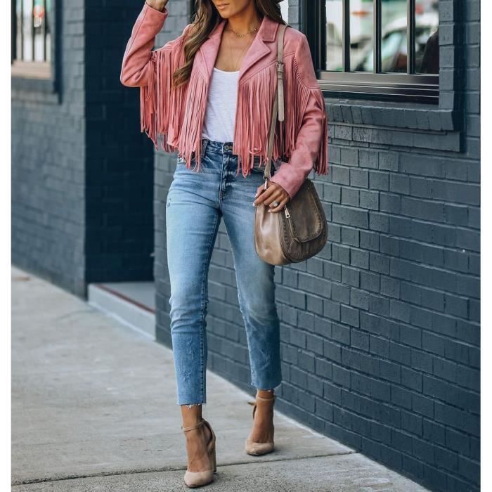 Veste franges Femme Slim Lapel Couleur unie manteau Automne et