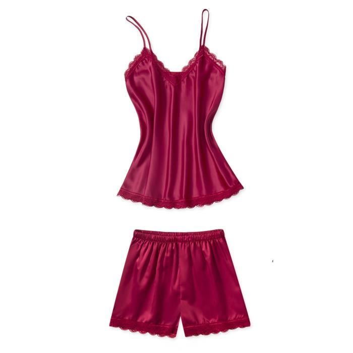 Caraco de nuit et short satin rouge S pyjama nuisette lingerie de nuit femme sexy Rouge Cdiscount Pret a Porter