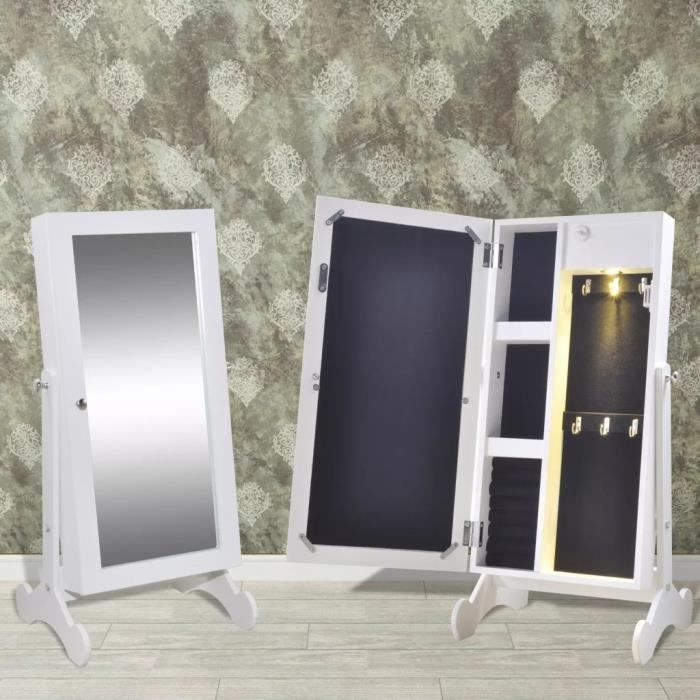 Armoire à bijoux de porte avec miroir et éclairage LED 30 x 23 x 58,5 cm (L x l x H)Blanc