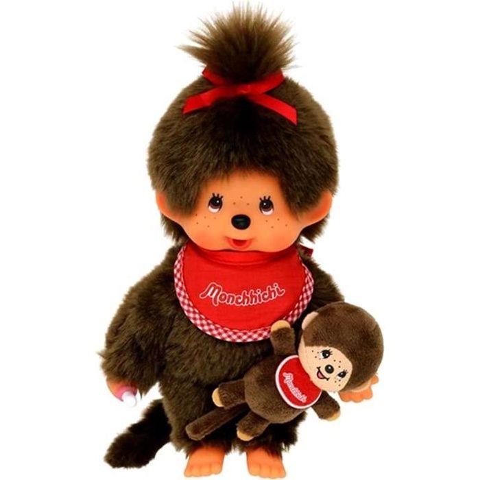 poupée monchhichi fille avec mini monchi - sekiguchi - 20 cm - bavoir rouge