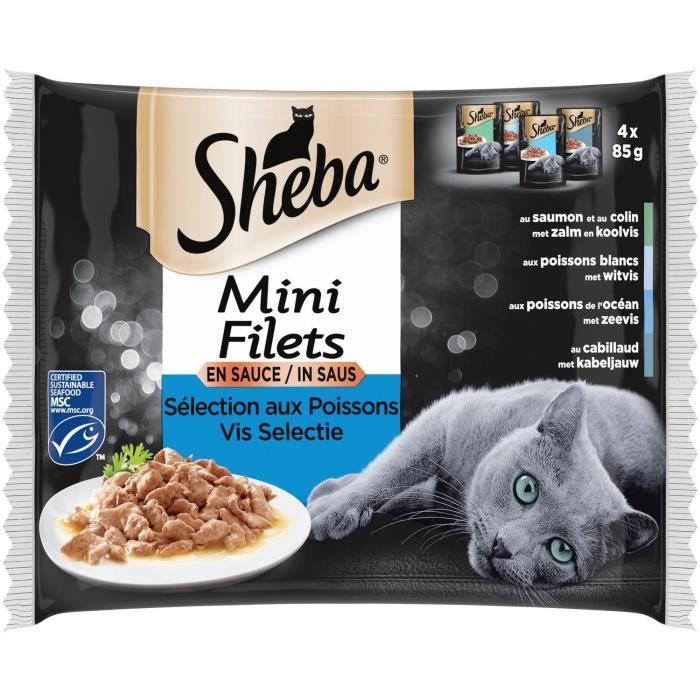 Comparer les prix de Pâtée pour chat - SHEBA - Mini Filets en Sauce Sélection aux Poissons - paquet de 4 sachets de 85 g