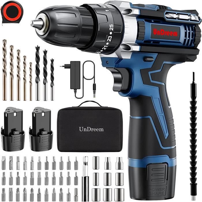 Perceuse Visseuse Sans Fil 12V Vothen - 2 Batteries 2.0Ah - 25+1 Couples - 34 Accessoires - LED
