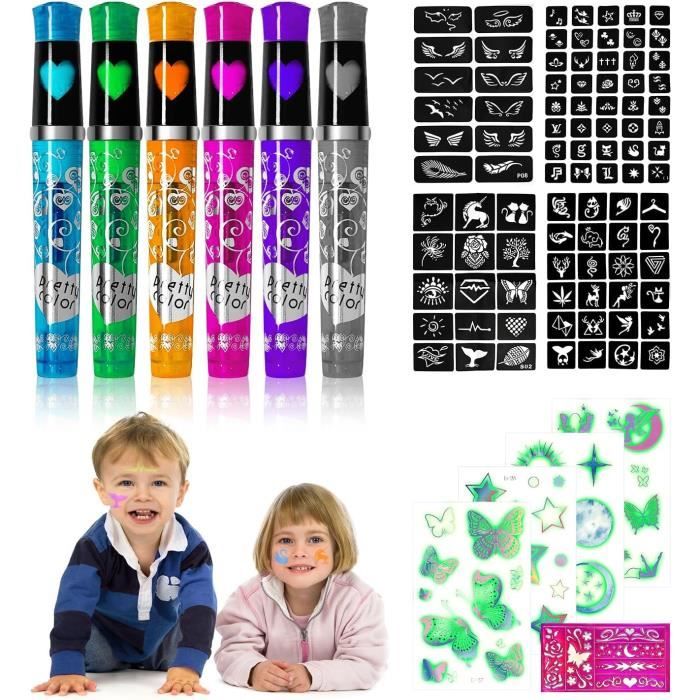 Kit Tatouage Paillettes Pour Enfants - 6 Stylos, 16 Pochoirs, Autocollants Strass, Cadeau Fille 3-10 Ans