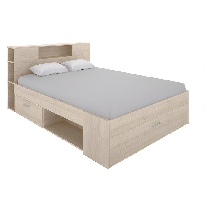 Lit avec tête de lit rangements et tiroirs - 160 x 200 cm - Coloris : Naturel - LEANDRE Lit avec tête de lit rangements et tiroirs - 160 x 200 cm - Coloris : Naturel - LEANDRE