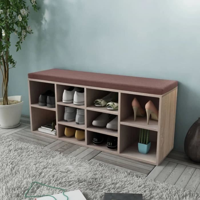 "top" banc coffre jili - design relax - banc salon de rangement à chaussures 10 compartiments couleur chêne,21 kg