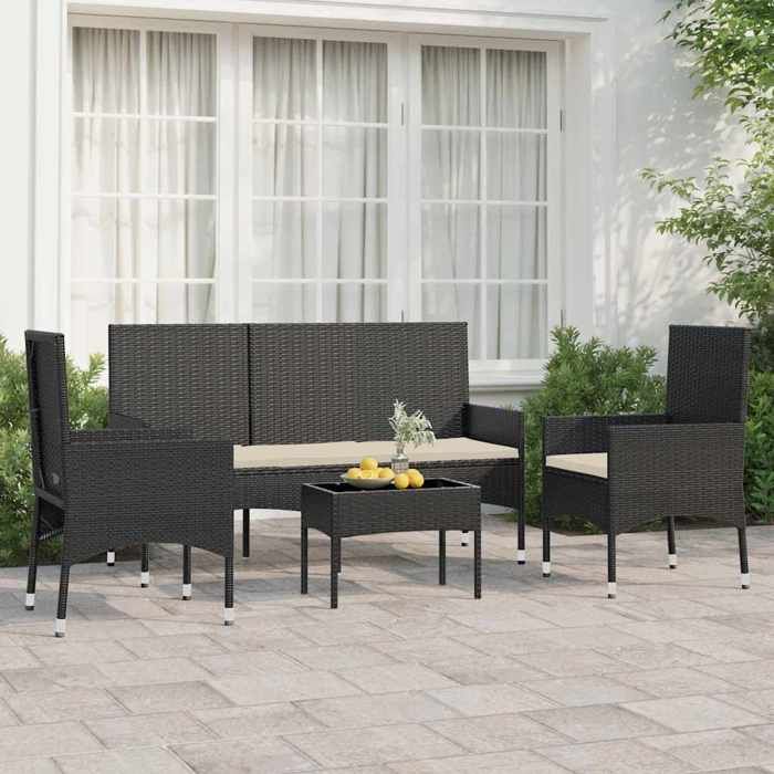 vidaXL Salon de jardin 4 pcs avec coussins Noir Résine tressée ensemble de salon dextérieur ensemble de mobilier 319500