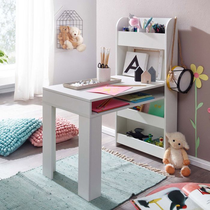 Bureau pour enfant - WOHNLING - 90 x 50 x 110 cm - Blanc - Bois - Laqué - Avec étagère