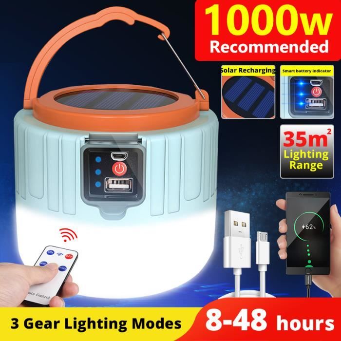 Lampe Camping LED Lampe Lanterne LED Rechargeable Pour Camping - USB + Solaire, Avec Fonction Torche, Neuve Batterie Externe Solaire