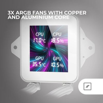 Mars Gaming ML-LCD360, AIO Vloeistofkoeling, TDP 600W, 3x FDB ARGB Ventilatoren 120mm, LCD-scherm met Temperatuurmonitoring, Opti-Chamber 3e Gen Pomp, Universele Multisocket, Wit