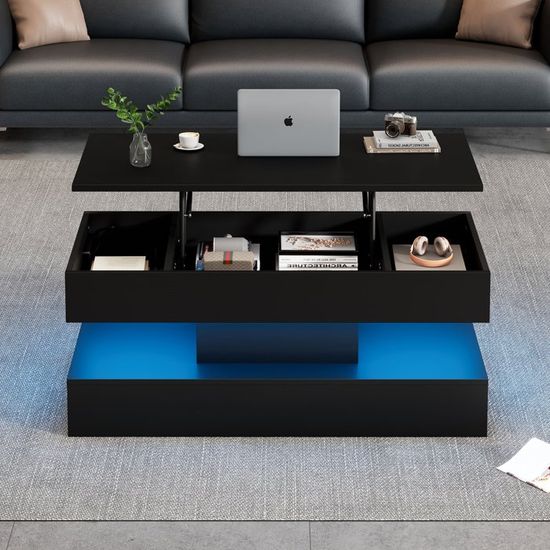 Table Basse Multifonction Avec LED, Hauteur Réglable, 2 Tiroirs + Rangement - 100x50x45 Cm, Noir Brillant