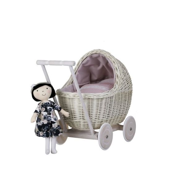 Poussette pour poupée en osier - Beige - Pour poupées jusqu'à 35 cm - Poignée et roues en bois - Jeux - Jouets