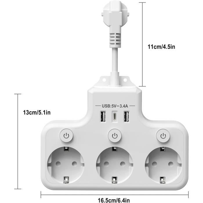 Multiprise Bouton ON/OFF - 2 prises/ 2 Ports USB/ 1 Port USB Type-C main image 1