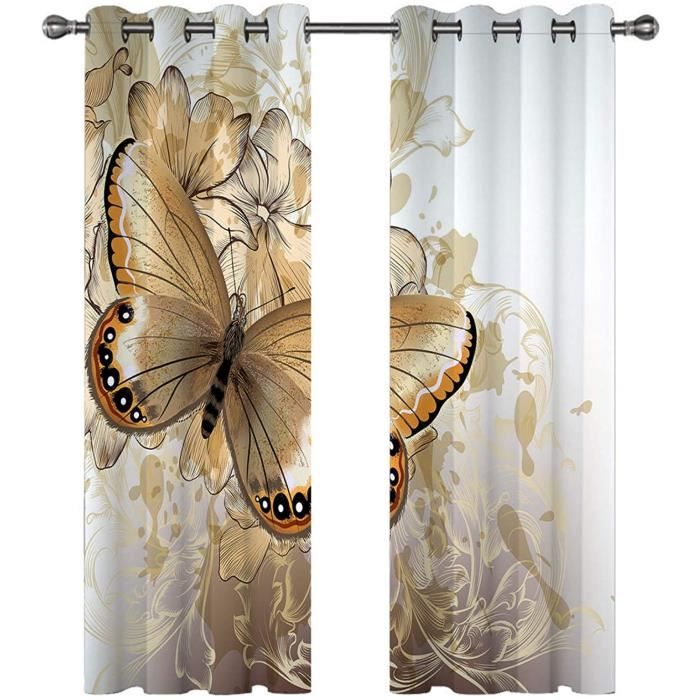 Rideaux Occultants 3D Fleur Papillon Bleu 140x160cm - Lot De 2 Rideaux Isolants Thermiques Et Phoniques à Oeillets