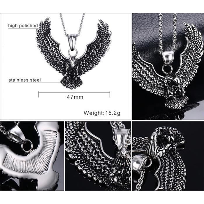 PikaLF Collier pendentif aigle chauve volant homme collier drapeau américain chaîne 23,6 pouces pendentif vintage aigle avec faucon, chaîne en alliage métallique argenté, NO, non, non