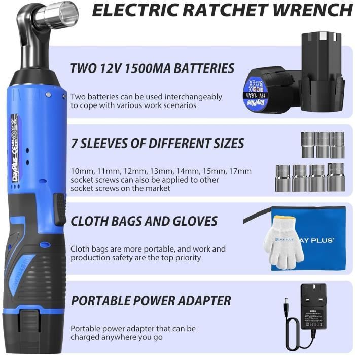 Clé à Cliquet électrique Sans Fil DayPlus 12V – 90Nm, Angle 3/8″ – Avec 2 Batteries 1.5Ah