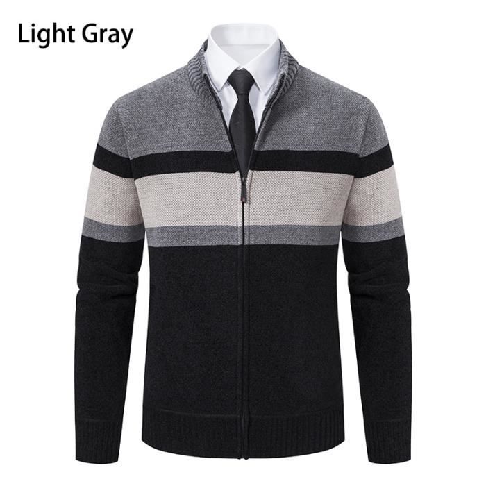 Cardigan Homme Zippé Col Montant - Pull Tricoté Slim Fit, Manches Longues - Fibres Synthétiques, Poches Latérales