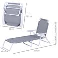 Bain de soleil pliable - transat inclinable 4 positions - chaise longue grand confort avec accoudoirs - métal époxy textilène - dim.-2
