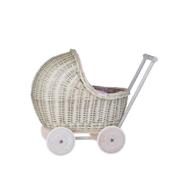 Landau Poussette Pour Poupée En Osier Naturel Beige - Jouet Enfant Poussette Poupée Bois