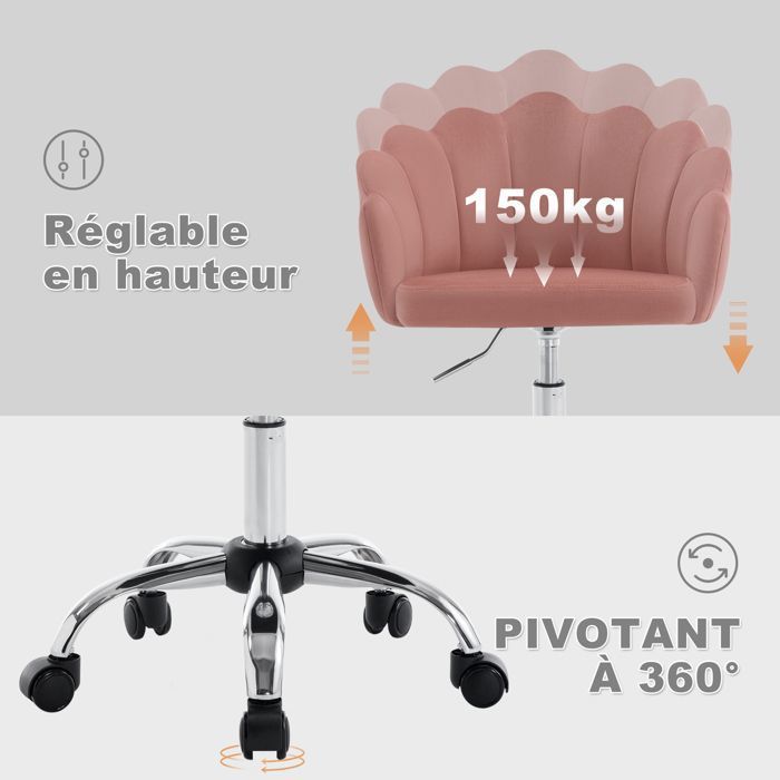 Chaise Pivotante De Coiffeuse En Velours Rose - Réglable En Hauteur, Base Dorée, 360°, Charge 135 Kg - Pour Bureau, Chambre, Salon