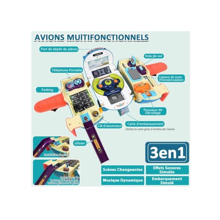 JONRRYIN Avion Jouet Garçons 3 Ans, Simulateur de Conduite Enfant avec Sons et Tirelire, 3 en 1 Volant Voiture Jouets Anniversaires Cadeaux de Noël pour Enfants (Bleu