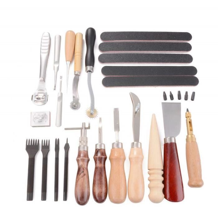 Kit De 24 Outils Pour Travail Du Cuir - Poinçons, Alênes, Couteaux - Artisanat Bricolage