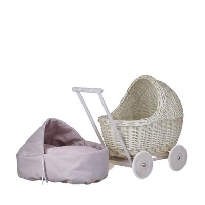 Landau-poussette Pour Poupée En Osier – Blanc-crème – Poignée Et Roues En Hêtre – Jusqu’à 35 Cm – Tissu Amovible Lavable – Artisanal