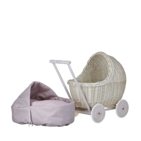 E-wicker24 Poussette Landau En Osier – Roues Bois – Tissu Rose/blanc – Pour Poupées Jusqu'à 35 Cm