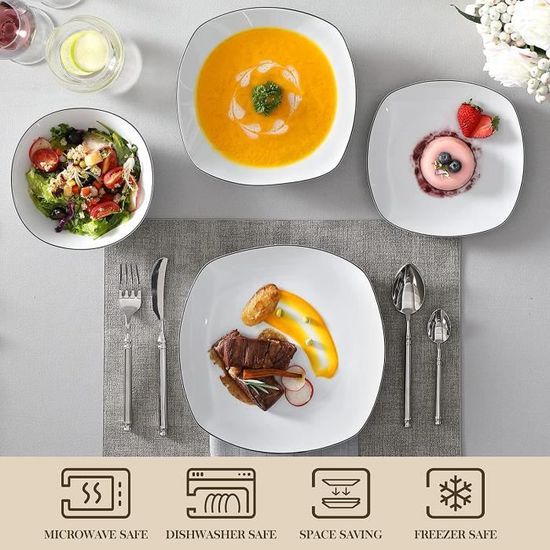 Service De Table Porcelaine LEILA MALACASA – 24 Pièces Pour 6 Personnes – Motif Relief Ondulé Blanc & Bord Noir – Lavable Lave-Vaisselle