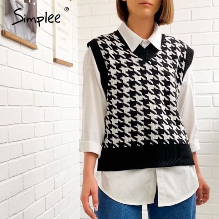 PULL Simplee gilet a carreaux noir et blanc pour femme pull tricote decontracte style coreen automne Type black Blanc Cdiscount Pret a Porter
