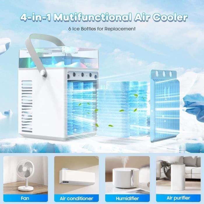 Mini Climatiseur Portable Sans Évacuation, Ventilateur Silencieux Chambre, Clim Mobile Rechargeable USB Petit Humidificateur Air 3600mAh 4 en 1