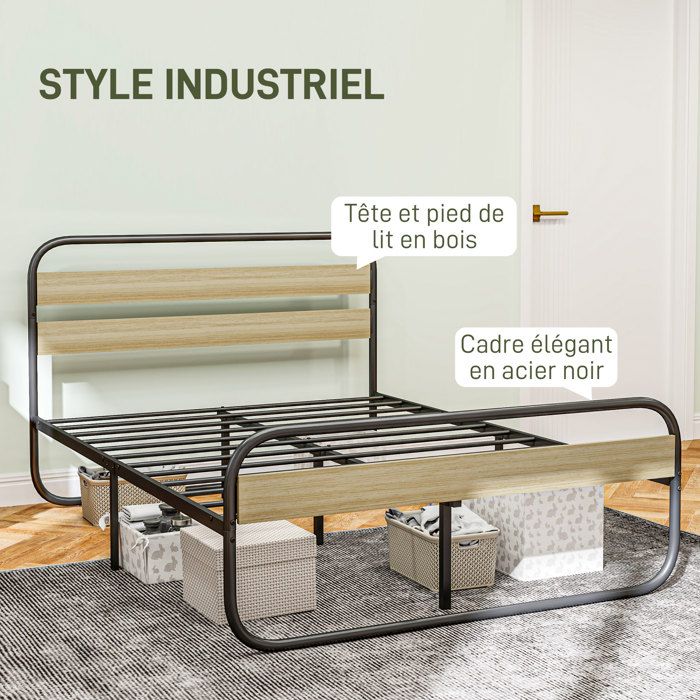 Lit Double 140x190 Avec Sommier, Rangement Et éclairage LED - Style Industriel, Tête De Lit Perforée, Cadre Métal