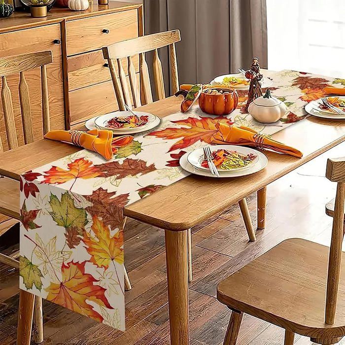 Chemin De Table Automne 40x140 Cm - Motifs Chats, Feuilles D'érable, Citrouilles | Décoration De Table Saisonnière En Coton/lin