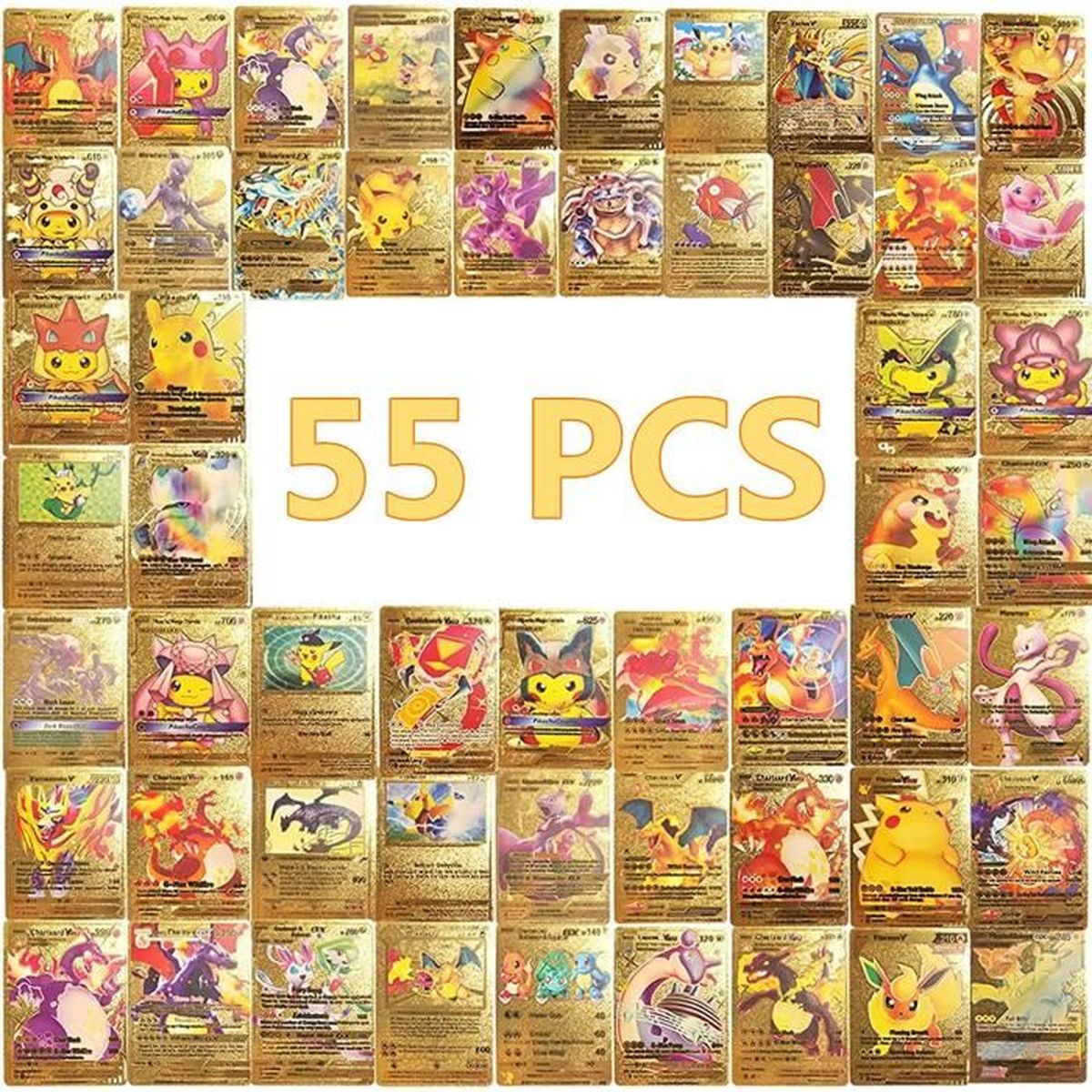 Carte Pokemon Française, 55 Cartes Plaquée Or ArcenCiel, Vmax+V+GX+EX Carte, Cartes à Jouer et