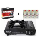 IMEX RECHAUD A GAZ PORTABLE AVEC MALETTE TRANSPORT ALLUMAGE PIEZO CAMPING FEUX + 4 cartouches gaz