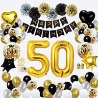 50 Ans Décorations Anniversaire de Fête en Noir Or,MMTX50 Ballons Bannières de Joyeux du 50 ans ème Anniversaire,Pom Poms en Papier