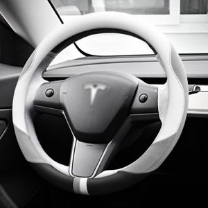  TOPABYTE Housse de Volant pour 2017-2024 Tesla Model Y Model 3  Accessoires 2PCS Kit d'enveloppe de Volant Segmenté de Voiture Protecteur  Antidérapant (Fibre de Carbone Rouge)