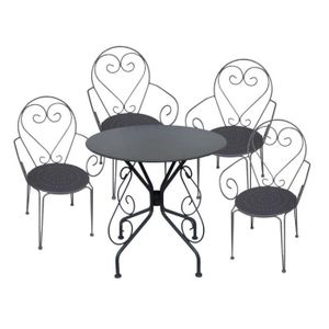 Ensemble table et chaise de jardin Salle à manger de jardin en métal façon fer forgé - GUERMANTES - Anthracite - Table et 4 fauteuils empilables